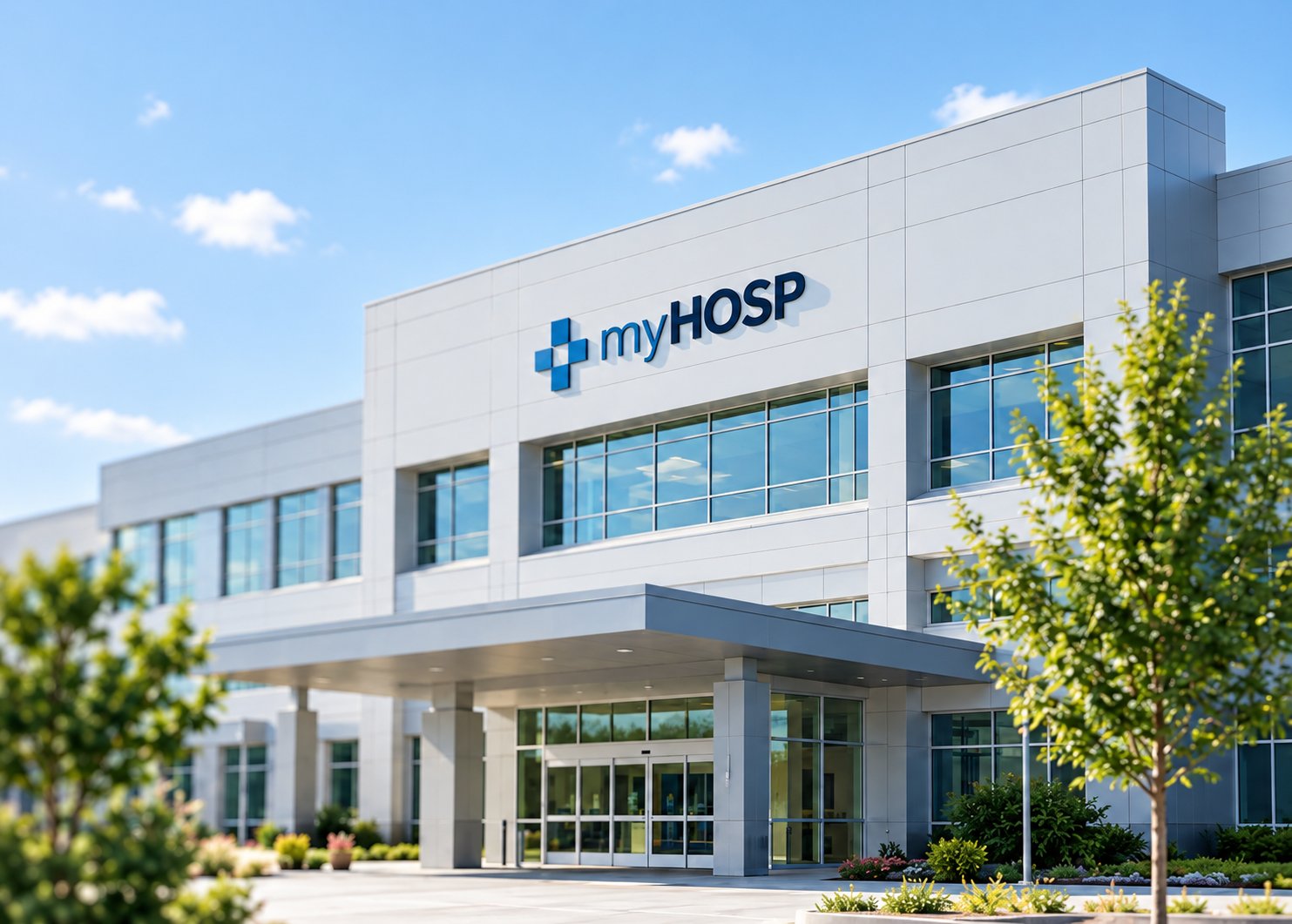 The myHOSP Main Campus building and main entrance on a sunny day